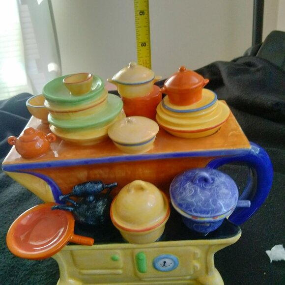 Department 56 Toot & Puddle Ceramic Stovetop Teapot With Colorful Cookware Desig - Picture 10 of 10